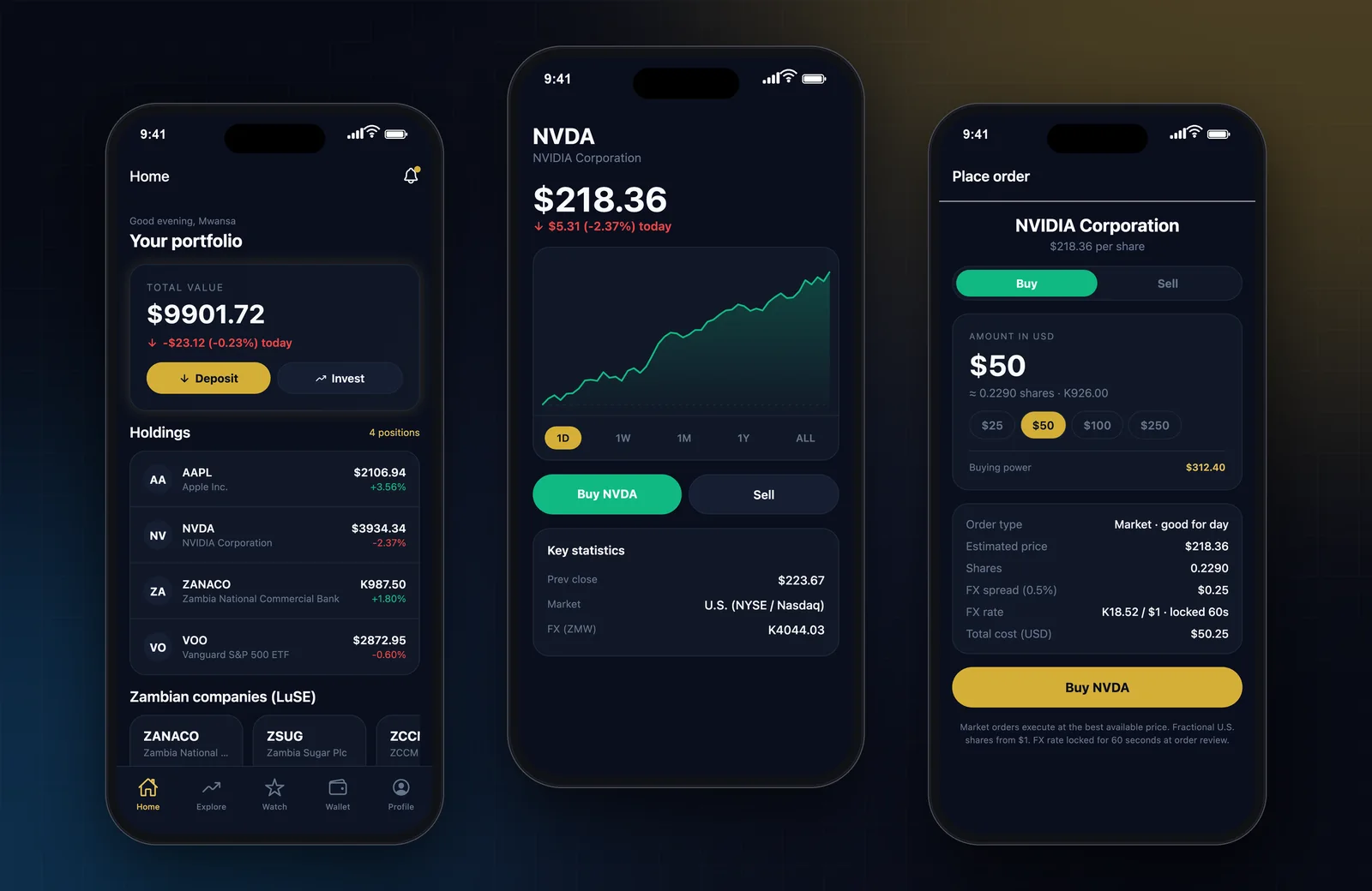 Ophir Markets mobile app — portfolio, stock detail and order placement.