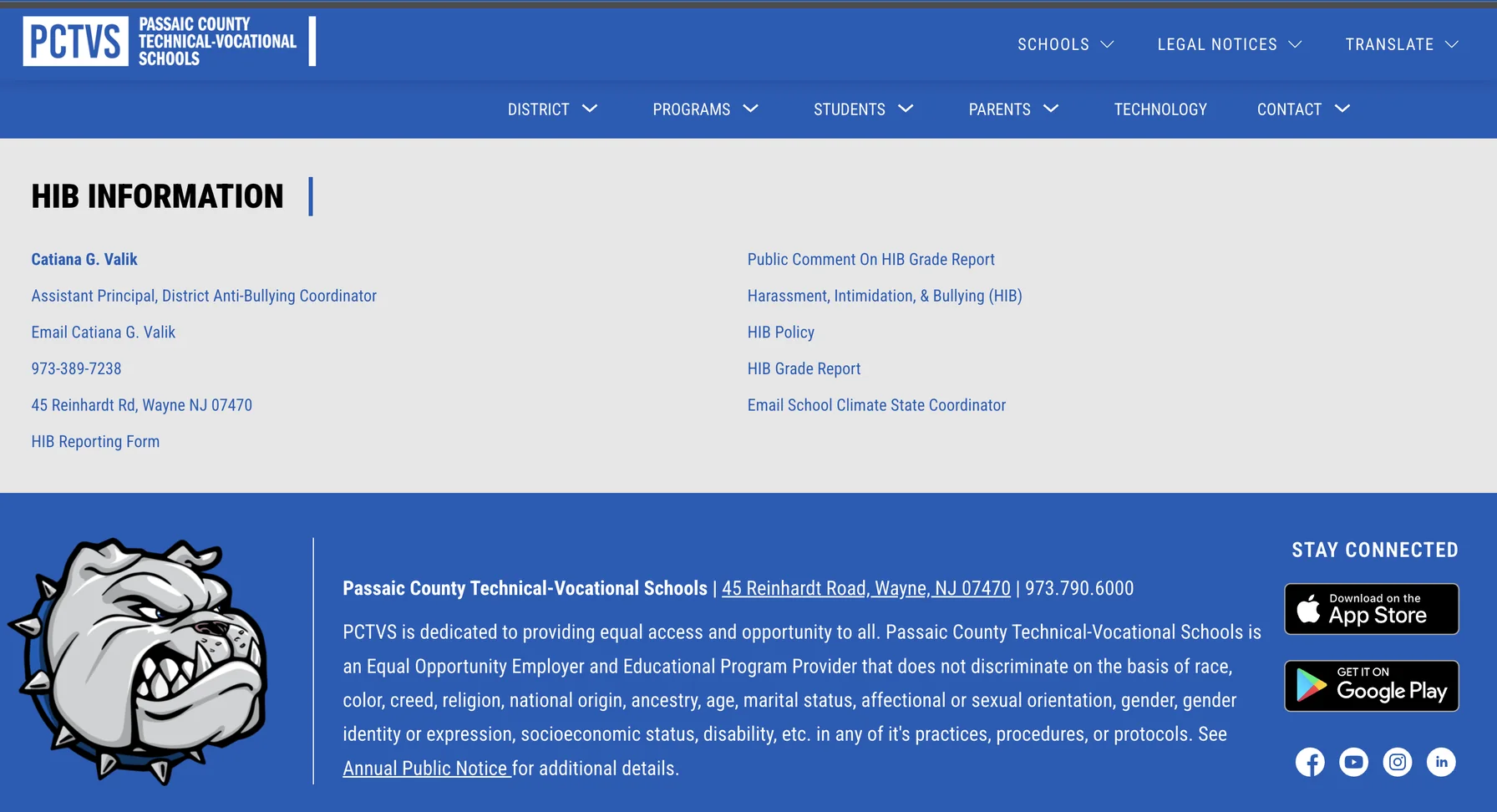 PCTVS district content page (HIB information) with footer and mobile-app links.