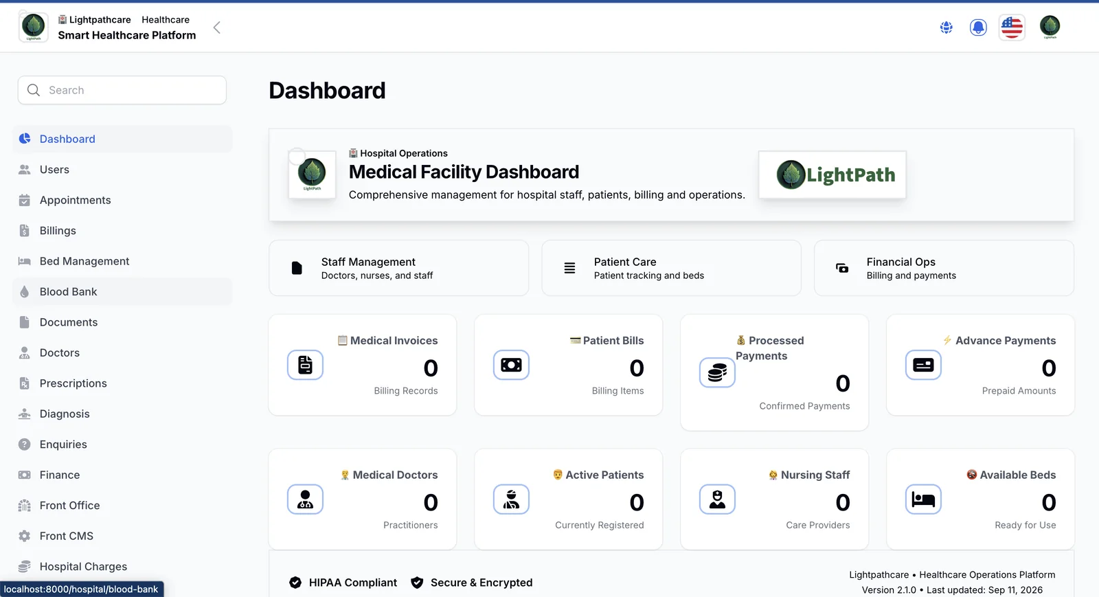 LightPath Care medical facility dashboard with staff, patient and financial modules.
