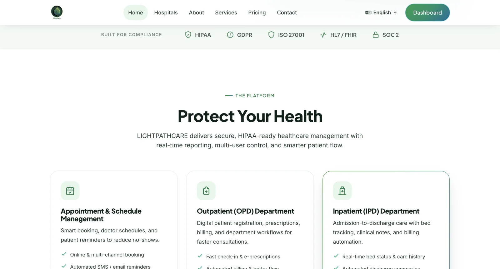 LightPath Care compliance posture — HIPAA, GDPR, ISO 27001, HL7/FHIR and SOC 2.