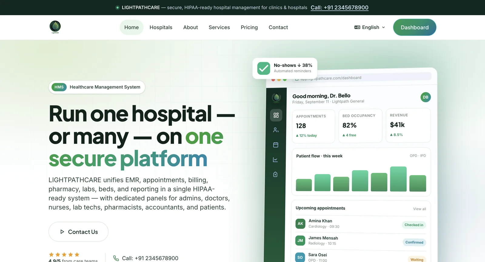 LightPath Care healthcare management system — one secure platform for EMR, appointments, billing, pharmacy, labs and beds.
