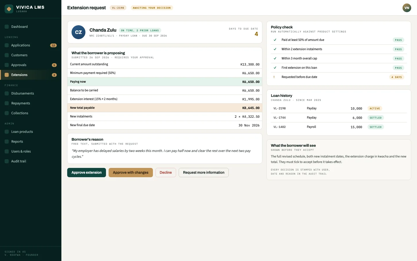 Vivica loan extension request with automated policy checks.
